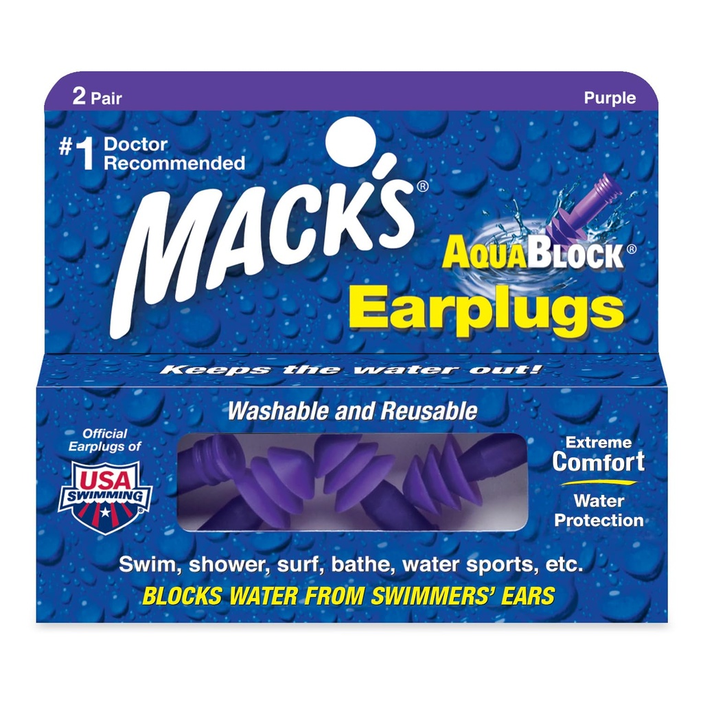 Mack's AquaBlock Swimming Earplugs, 2 Pair - Comfortable, Waterproof, Reusable Silicone Ear Plugs for Swimming, Snorkeling, Showering, Surfing and Bathing (Purple)