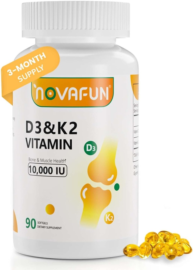 D3-K2-Vitamin-10000 UI ← K2-D3-Vitamin-Supplement Silencio con aceite de coco para el hueso, salud de dientes, apoyo muscular " salud del corazón, 90 Softgels