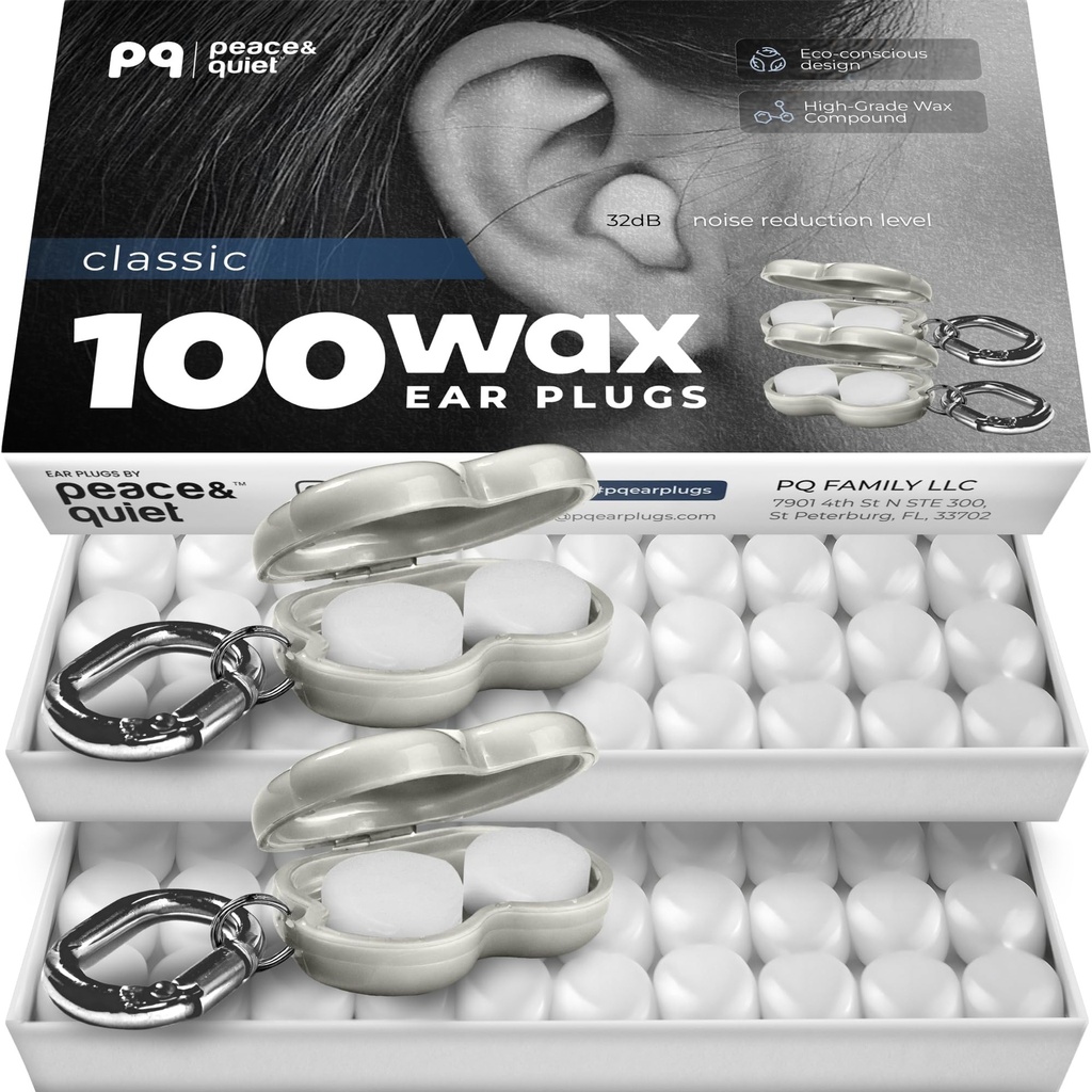 Peace&Quiet | PQ 100 Wax Ear Plugs for Sleeping - Silicone Wax Earplugs for Sleeping and Swimming, Gel Ear Plugs for Noise Cancelling, Sleeping Earplugs, Sound Blocking 32 Db (100 Pillows), White