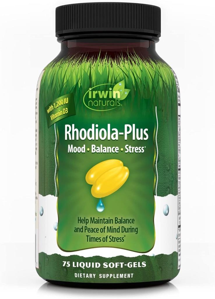 Irwin Naturals Rhodiola-Plus - 75 Liquid Soft-Gels - Ayuda a mantener el equilibrio " Paz de la mente - con L-Theanine, Vitamina D3 " Magnesio - 25 Servimientos