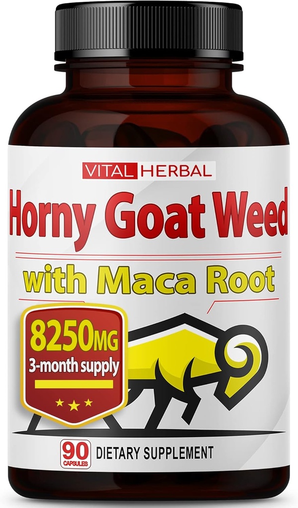 Vital Herbal Horny Goat Weed Capsules for Maximum Strength with Maca Root Tribulus Ashwagandha Tongkat Ali Panax Ginseng for Men Women, Boost Energy (90 Count (Pack of 1))