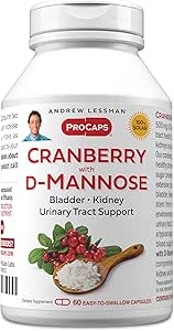ANDREW LESSMAN Cranberry with D-Mannose - 60 Capsules - Supports Bladder, Kidney and Urinary Tract Health. Concentrado de arándanos estandarizado de alta potencia y D-Mannose. Cápsulas fáciles de absorber