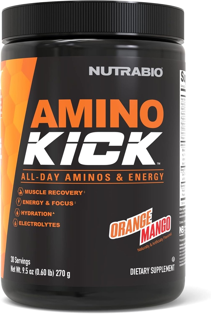 NutraBio Amino Kick – BCAA Powder with Natural Caffeine – Amino Acids Supplement for Energy, Hydration & Recovery – BCAAs, Electrolytes & Amino Acids – Orange Mango, 30 Servings