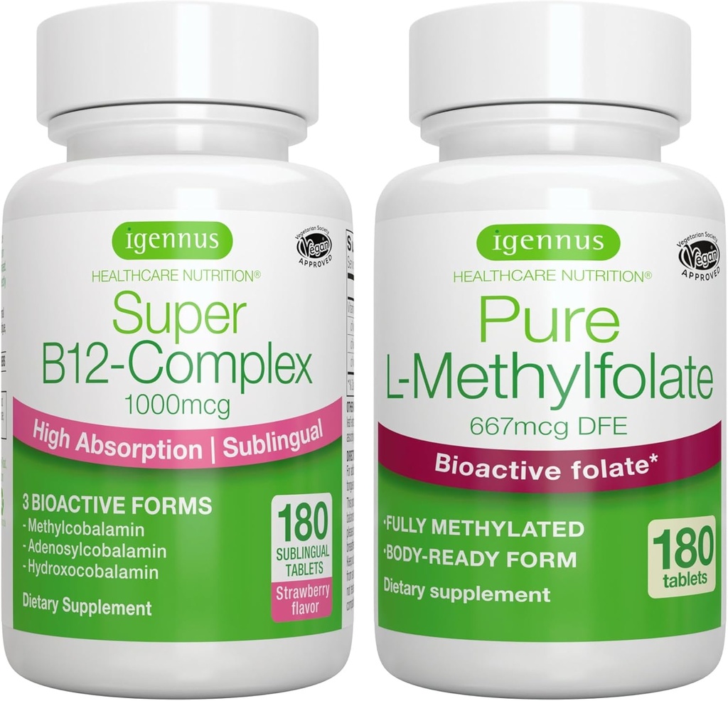 Super B12-Complex 1000mcg + Pure Folate 400mcg Vegan Bundle, High Absorption Sublingual Vitamin B12 with Methylcobalamin, Adenosylcobalamin & Hydroxocobalamin + Optimized L-Methylfolate, by Igennus