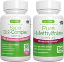 Super B12-Complex 1000mcg + Pure Folate 400mcg Vegan Bundle, High Absorption Sublingual Vitamina B12 con Methylcobalamin, Adenosylcobalamin & Hydroxocobalamin + Optimizado L-Methylfolate, por Igennus