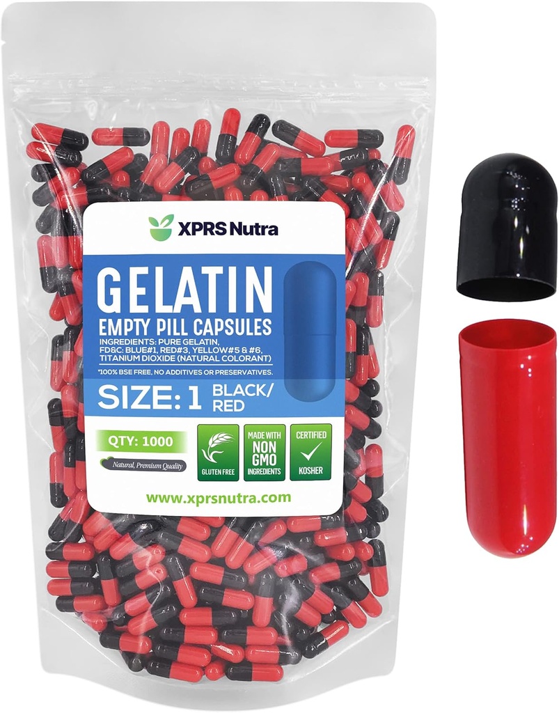 XPRS Nutra Size 1 Empty Capsules - 1000 Conde Coloreado Empty Gelatin Capsules - Pill DIY suplemento cápsula llenado - Pinzas de gel de color ajustable para suplementos Do-It-youself (Black/Red)