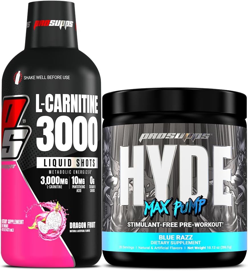 PROSUPPS L-Carnitine 3000 Stimulant Free Liquid Shots (31 Servings, Dragon Fruit) y Hyde Max Pump Pre Workout para Hombres y Mujeres (20 Servings, Blue Razz) Bundle