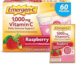 Emergen-C 1000mg Vitamina C Powder, con Antioxidantes, vitaminas B y electrolitos, suplementos de vitamina C para soporte inmunitario, mezcla de bebidas sin cafeína, sabor a frambuesa - 60 Conteo/2 Mes