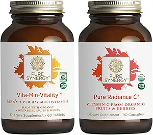 PURE SYNERGY Hombres Multivitamínicos, Estrés y Esenciales Energéticos Bundle ← Alimento integral Multi con Adaptógenos y Cordyceps ANTE Vitamina Natural C Immune Suplemento ANTE Vegan, No-GMO, e Ingredientes Orgánicos