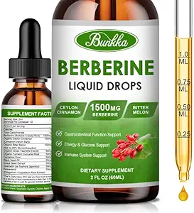 Suplemento de bereberina 1500mg, gotas líquidas de bereberina orgánica con canela de Ceylán, melón de bitter, libre de azúcar &amp; Vegan Suplemento soporta Sistema de inmune &amp; Cuidado gastrointestinal - 4 FL Oz