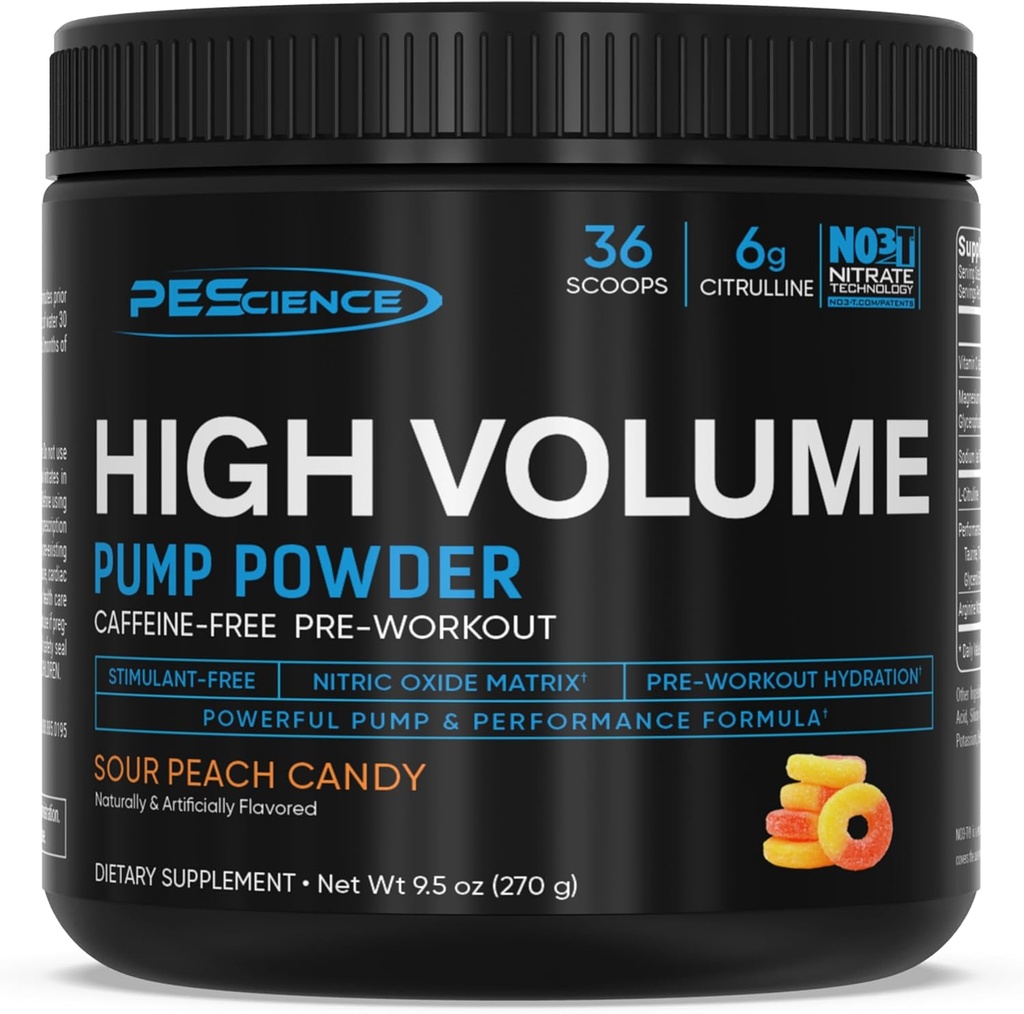 PEScience High Volume Stim-Free Pre Workout Pump Powder, Nitric Oxide Booster con L Citrulline &amp; L Arginine Nitrate, Non-Stim Preworkout para Hombres y Mujeres, 36 Scoops, Sour Peach Candy
