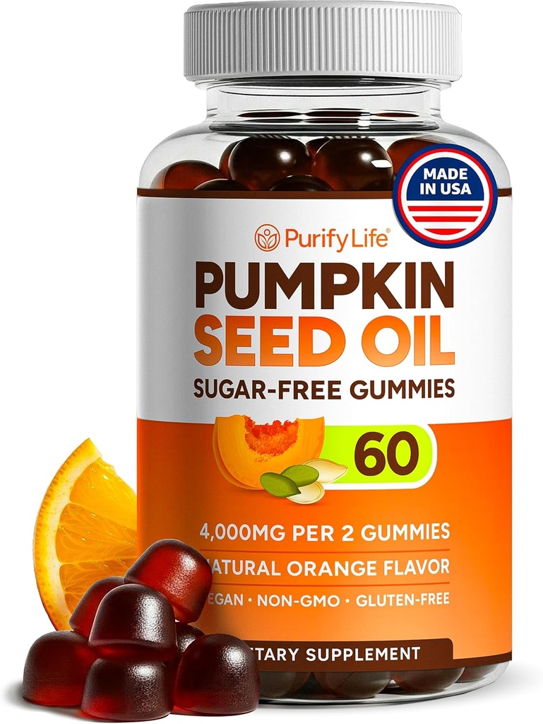 Aceite de semilla de calabaza libre de azúcar Gummies (4.000 mg/servido) Aceite de semilla de calabaza para el crecimiento del cabello, Esquí juvenil, Salud de próstata, Immune &amp; Urinary Tract Support-Natural Source of Essential Fatty Acids-60 Chews