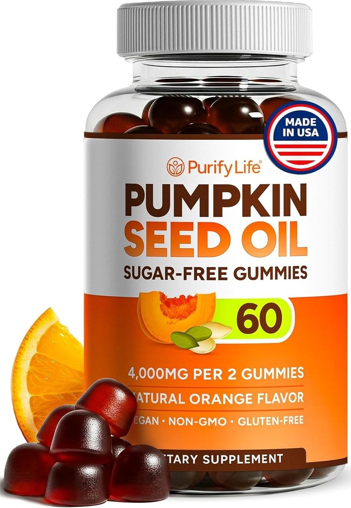 Aceite de semilla de calabaza libre de azúcar Gummies (4.000 mg/servido) Aceite de semilla de calabaza para el crecimiento del cabello, Esquí juvenil, Salud de próstata, Immune &amp; Urinary Tract Support-Natural Source of Essential Fatty Acids-60 Chews