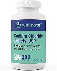WELMATE - Sodium Chloride (Salt) Tablets - 1000 mg per Tablet - Maintains Hydration & Electrolyte Balance - 300 Count - 15.4 g Total Salt Content - Tablet Form