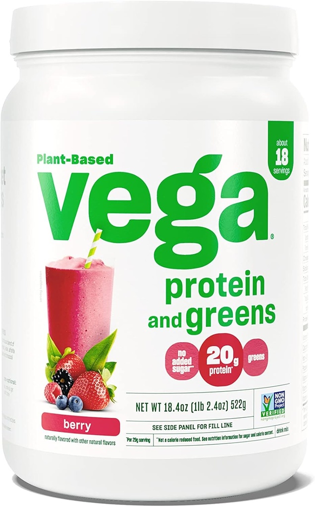 Vega Protein y Verdes Protein Powder, Berry - 20g Planta base Protein Plus Veggies, Vegan, No GMO, Pea Protein para Mujeres y Hombres, 1.2 libras (Packaging May Vary)