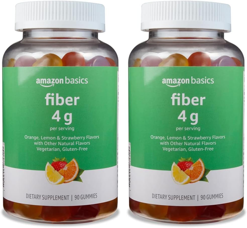 Basics (previously Solimo Fiber 4g Gummy - Salud Digestiva, Apoya la regularidad, Orange, Lemon & Strawberry, 90 Gummies (2 per Serving) (Pack of 2)