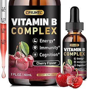 Vitamina B Complejo gotas líquidos, B Vitaminas Suplemento Complejo con B1, B2, B3, B5 B6, B7, B9 &amp; Metil B12 gotas para adultos &amp; niños, Vegan, Cherry Flavor