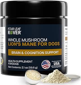FOUR LEAF ROVER - Lion's Mane Mushrooms for Dogs - Supports Healthy Brains and Nervous Systems in Dogs of All Ages - Organic Whole Mushrooms - 3rd Party Tested - 60 Day Large Dog Supply