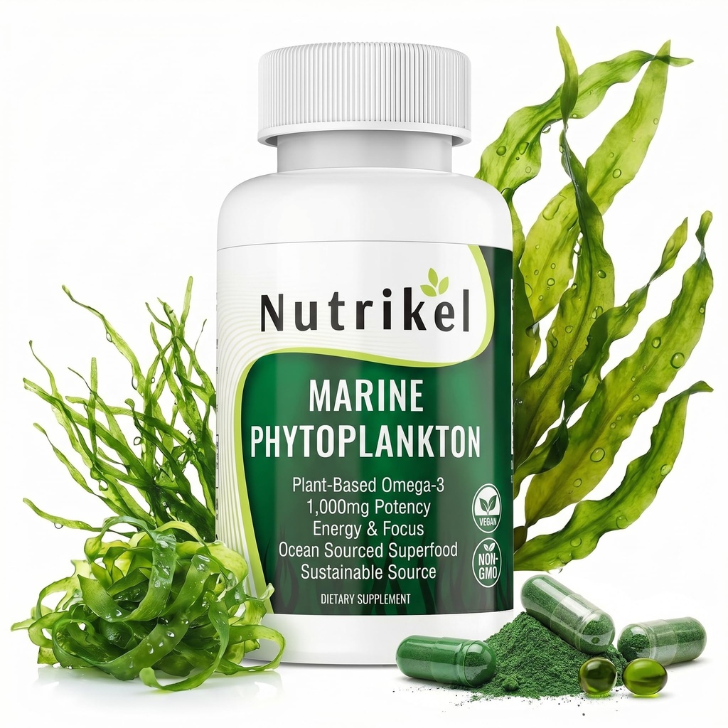 Suplemento de Phytoplankton Omega 3 – Alga de base vegetal cápsulas para energía, enfoque y apoyo celular – Superalimentos veganos para salud cerebral, corazón y piel – 1000 mg – 60 cápsulas veganas