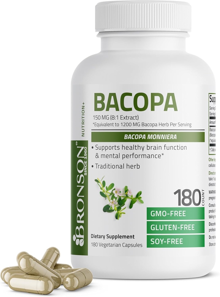 Bronson Bacopa apoya la función cerebral sana y el rendimiento mental, hierba tradicional, no GMO, 180 cápsulas vegetarianas