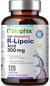 biophix R-Lipoic Acid 300 mg Stabilized 120 Veggie Capsules - con Biotina - Soporte Antioxidante de alta potencia - No GMO - Gluten Free - Promociona la energía