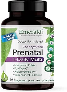 EMERALD LABS Prenatal 1-Daily Multi - Prenatal Multivitamin with Methylated Folate, Iron, Whole-Food Blend &amp; More - Soy-Free, Gluten-Free - 60 cápsulas vegetales