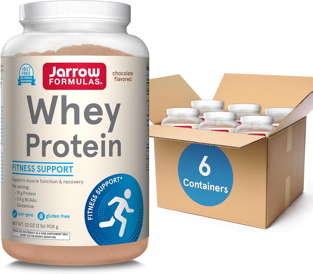 Fórmulas Jarrow Whey Protein Con 18g de Proteína, 3.8g de BCAAs, mezcla Glutamine, Suplemento dietético para Función muscular &amp; Soporte de recuperación, 32oz Polvo saboreado de chocolate, Aprox. 35 Day Supply, Pack de 6