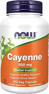 AHORA Suplementos de alimentos, Cayena (Capsicum annuum) 500 mg, Apoyo herbal, para la salud digestiva, 250 cápsulas de verduras