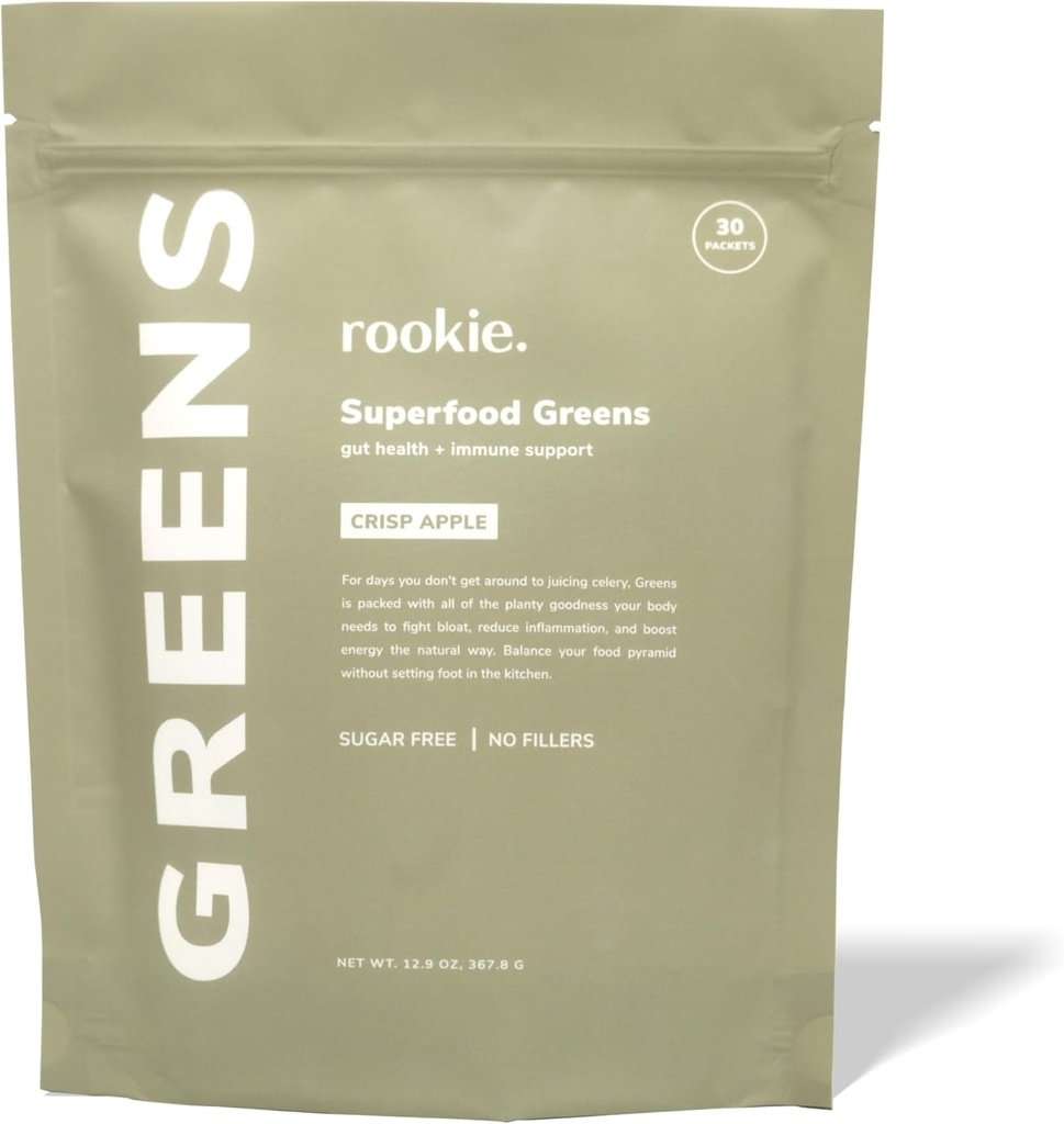 Rookie Wellness Greens + Superfoods - Greens Superfoods Powder Drink Made with Whole Food Fuented Ingredients Contiene Vitaminas, Probióticos, Antioxidantes y Baobab Fiber (30 Servings, Crisp Apple)