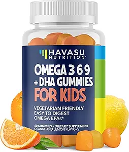 Omega 3 6 9 + DHA Gummies for Kids - Aceite de pescado vegetal con DHA y EPA para niños 2+ para apoyar el desarrollo corporal y cerebral - No Fishy Taste - Lemon and Orange Flavors - 60 Conde