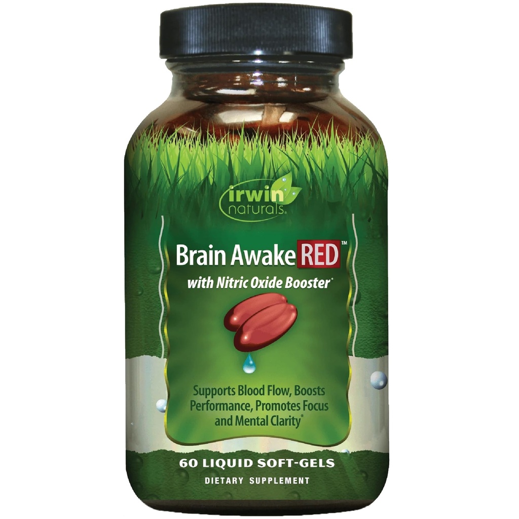 Irwin Naturals Brain Awake RED con Nitric Oxide Booster - 60 Liquid Soft-Gel - Asistencia Brain Health & Optimize Performance - 20 Total Servings