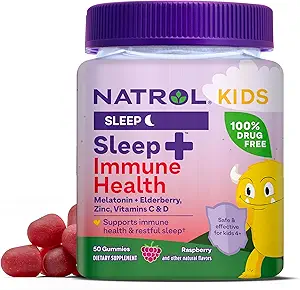 Natrol Kids Sleep+ Immune Health Gummies with Melatonin, Zinc, Vitamina C y D, Elderberry, 50 Raspberry Flavored Melatonin and Immune Health Gummies, 50 Day Supply