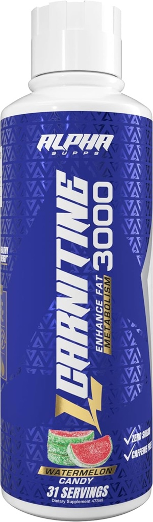Supps alfa L Carnitine Liquid 3000 Silencioso libre L-Carnitina Suplemento para Hombres &amp; Mujeres ← Pre-Workout Energy Boost &amp; Muscle Recovery TEN Zero Sugar, Fat, & Carbs TEN 31 Servings (Watermelon Candy)