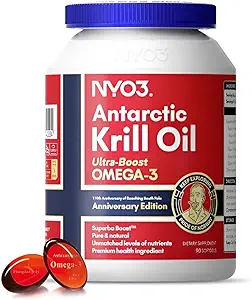NYO3 Krill Oil Omega 3 Suplemento 1000mg 90 Softgels EPA & DHA, Puro aceite de Krill Antártico con Astaxanthin y 56% Phospholipids Laboratorio Tested