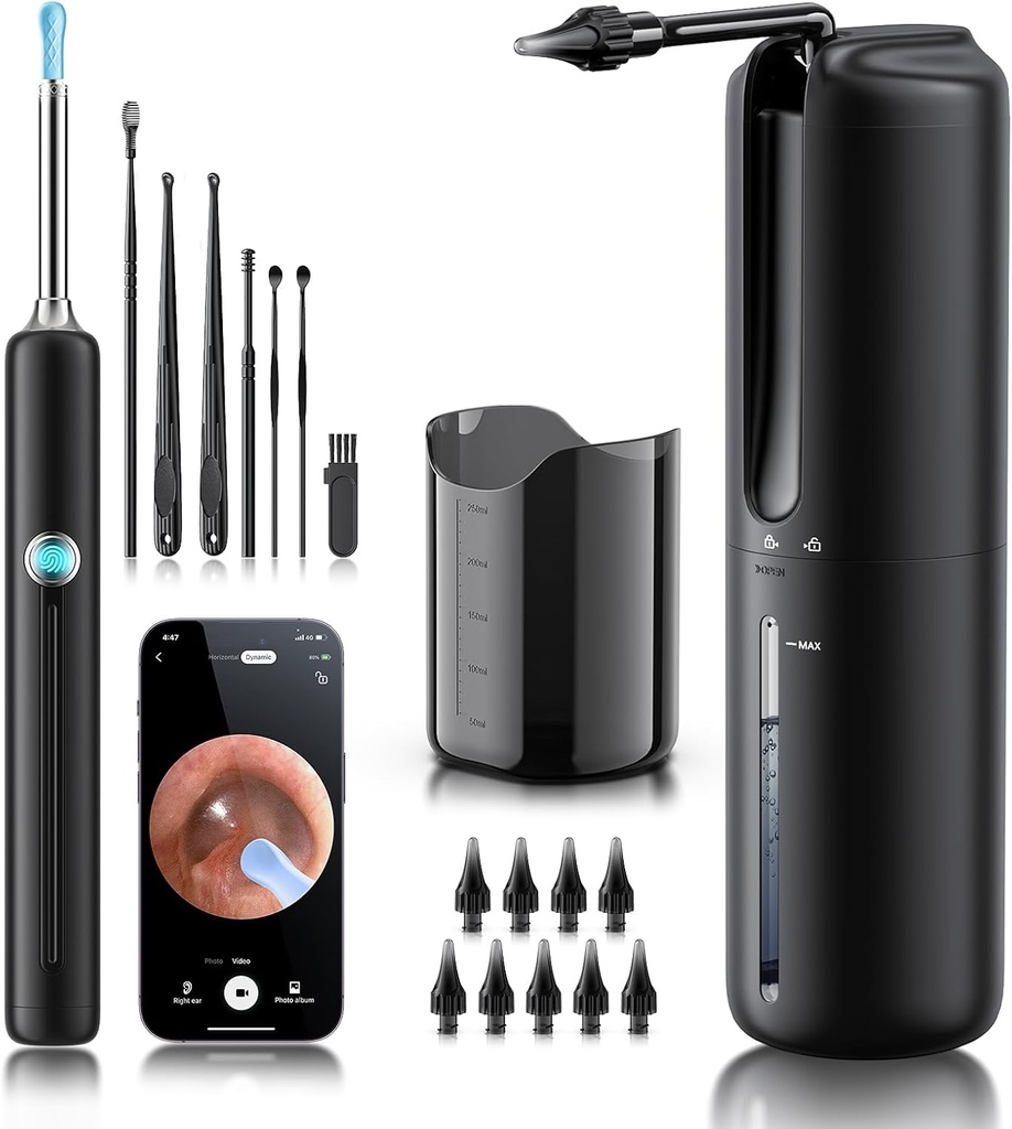 Ear Wax Removal - Electric Ear Irrigation Flushing System con 4 modos de presión, Ear Cleaner con Cámara, Otoscopio 1080P, Ear Cleaning Tool con 7 Pcs Ear Set, Safe and Effective Earwax Removal Kit