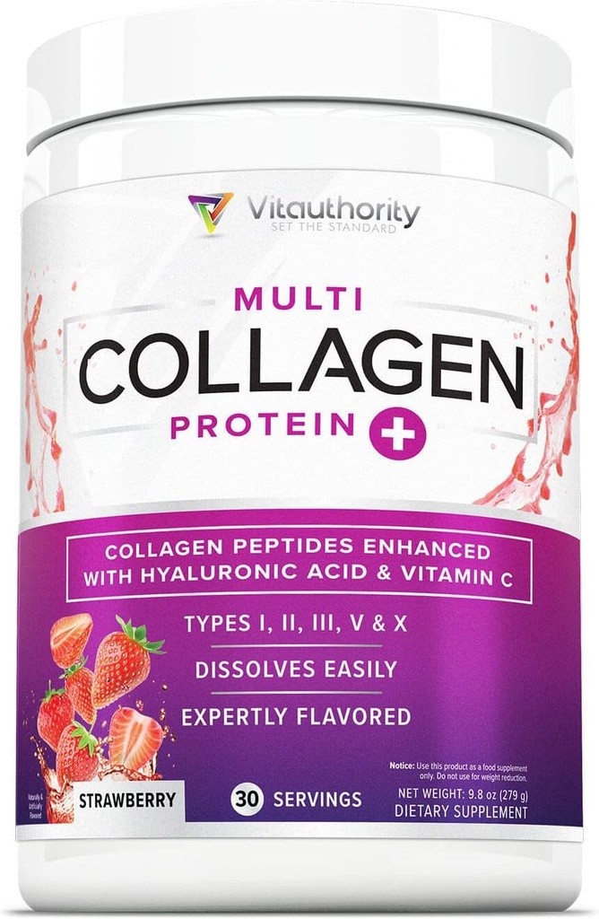 Multi Collagen Peptides Powder for Women - Hidrolyzed Flavored Collagen Powder for Women with Types I II III V & X Vitamin C & Hyaluronic Acid for Hair Skin and Nails (Strawberry) - 30 Servings