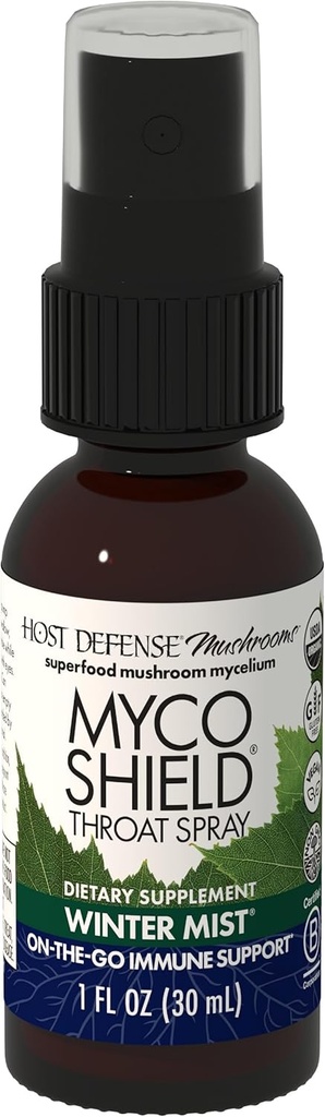 Host Defense MycoShield Throat Spray - Immune Health Support - Dietary Mushroom Supplement with Chaga, Reishi, Turkey Tail &amp; More - On-The-Go Immune Support - Winter Mist, 1 fl oz (71 Servings)*