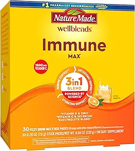 Nature Made Wellblends ImmuneMAX Fizzy Drink Mix, Vitamina C 1500mg, Zinc 15 mg, Vitamina D3 1000 UI (25 mcg), más vitaminas B y electrolitos Hydration Blend, 30 Stick Packs