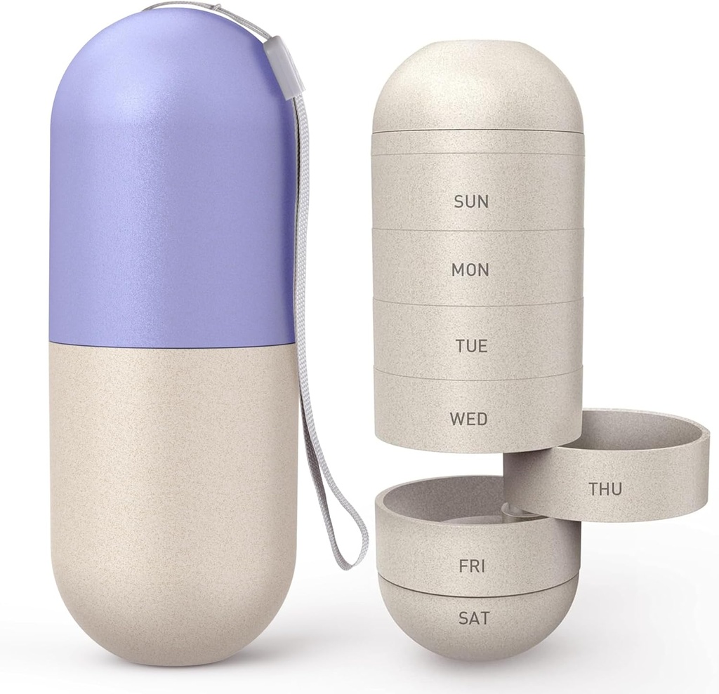 Zannaki Actualización Gran Compartamento Grain Fiber Moisture Proof Cute Semanal Pill Organizer, Laser Carving Markings, BPA Free Travel Hiking 7 Day Pill Box Case to Hold Pills,Vitamins,Fish Oil,Supplements