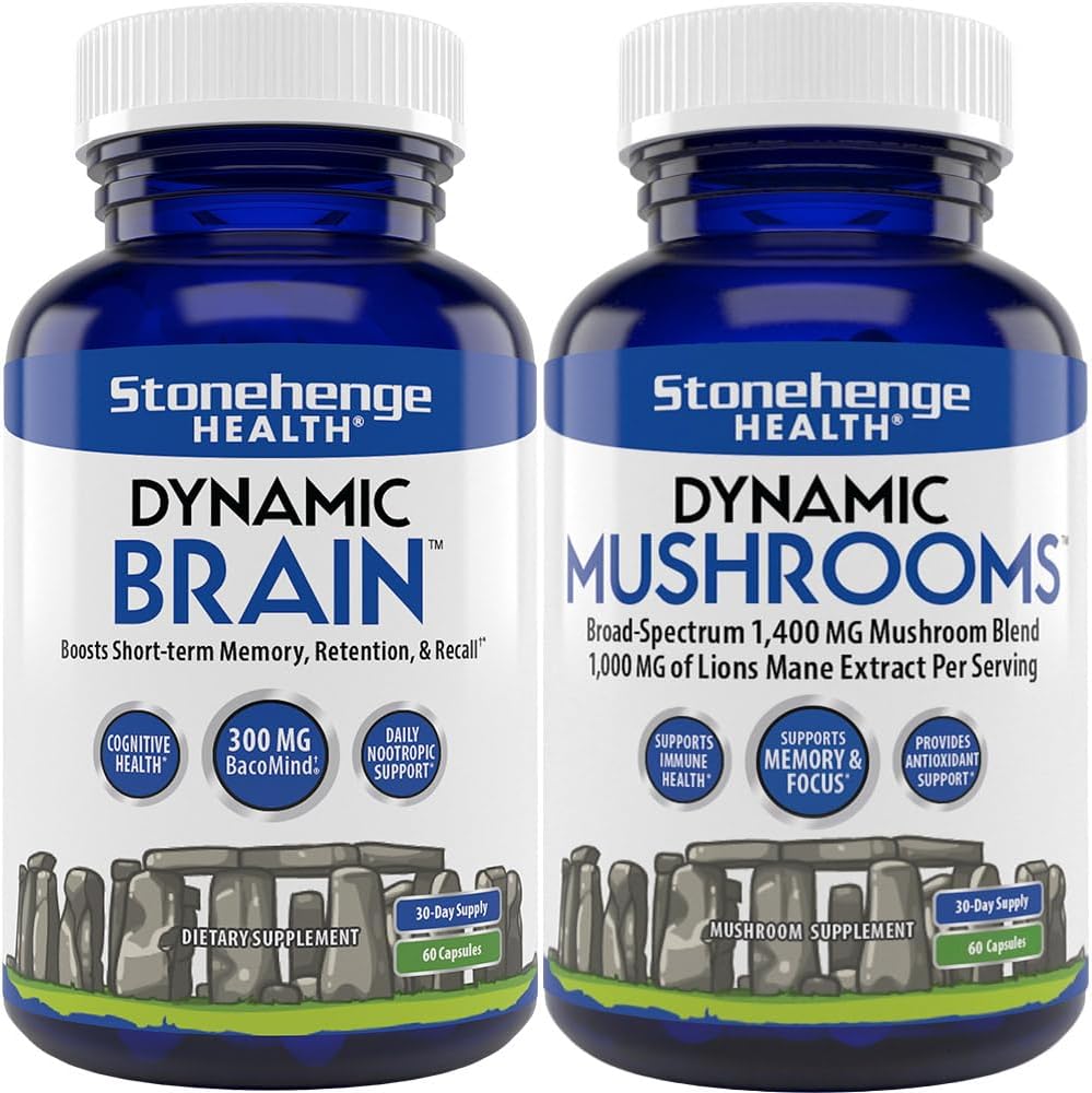 Stonehenge Health Dynamic Brain + Dynamic Mushrooms Adquisición de memoria Bundle, Retención, &amp; Recall with 40 Unique Nootropic Brain &amp; Immune System Support