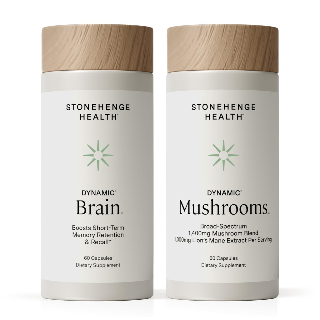 Stonehenge Health Dynamic Brain + Dynamic Mushrooms Adquisición de memoria Bundle, Retención, &amp; Recall with 40 Unique Nootropic Brain &amp; Immune System Support