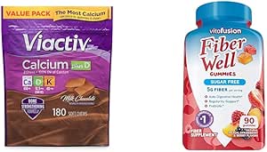 Viactiv Calcium Plus Vitamina D Suplemento Soft Chews, Brown, Milk Chocolate, 180 Conde &amp; Vitafusion Fiber Well Sugar Suplemento de fibra libre, Peach, Fresa y BlackBerry Flavored