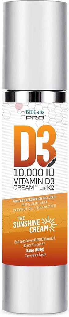 All Natural Vitamin D3 10000IU Vitamin D Cream Maximum Strength, Fight Vitamin D Deficiency Naturally - with Vitamin K2 & Olive Leaf Extract - Three Month Supply - Safe & Effective (10,000IU - 3.6oz)