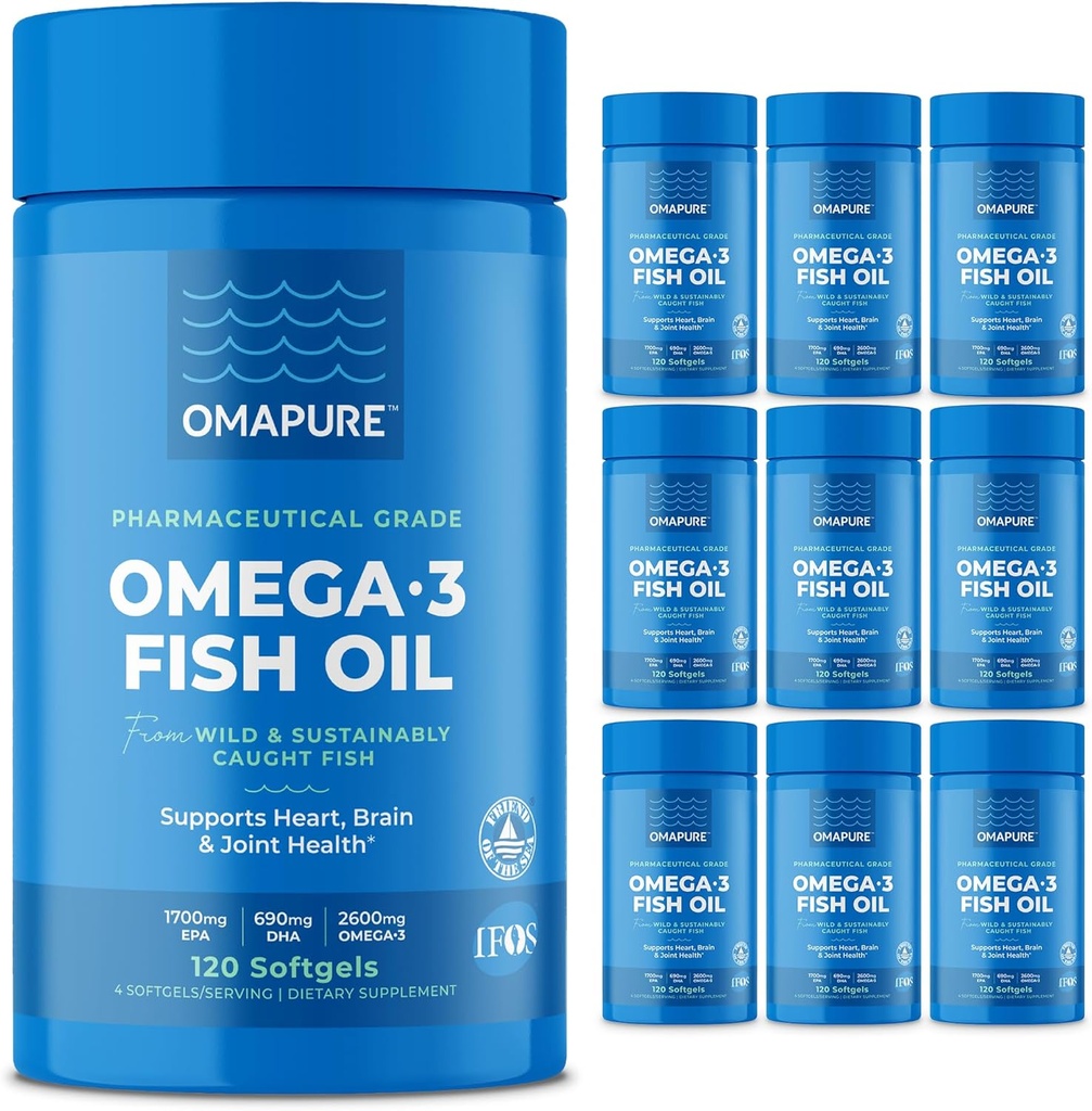 OMAPURE Wild Caught Omega-3 Suplementos con alta EPA & DHA (10 Botellas, 120 Softgels) - Burpless Fórmula apoya el corazón " salud conjunta, promueve la función cerebral