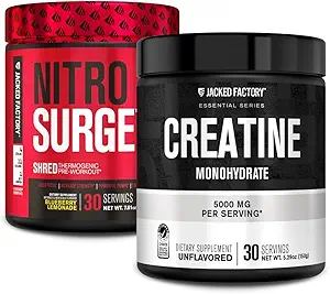 Jacked Factory NITROSURGE Shred Pre Workout Supplement (Blueberry Lemonade, 30 Servings) & Creatine Monohydrate Powder (Unflavored, 30 Servings)