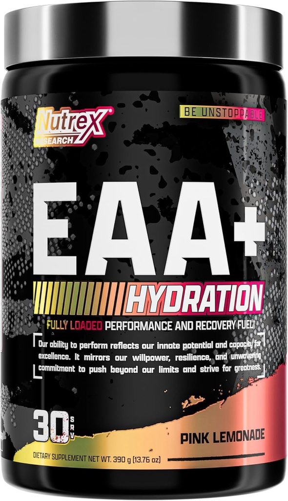 Nutrex Research EAA Hydration ← EAAs + BCAA Powder ← Recuperación de músculos, fuerza, construcción de músculos, duración 8G Aminoácidos esenciales + electrolitos  durable (Packaging My Vary) 30 Servings (Pink Lemonade)