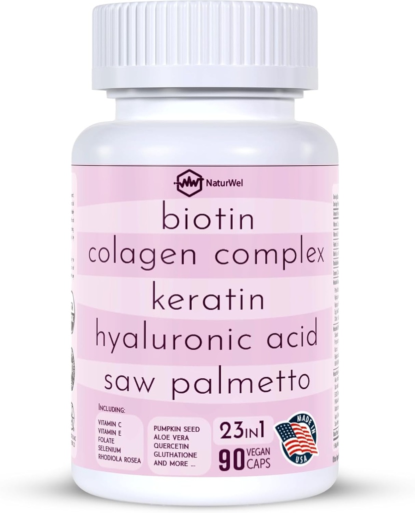 Collagen 1000mg Rhodiola Rosea 2500mg Biotina 10,000mcg, Ácido Hialurónico, Bloqueador DHT, Vitamina C &amp; E, Ácido Fólico, Aloe Vera, Quercetina, Té Verde, Keratina, MSM - 90 Cuenta (90 Cuenta (Pack of 1))