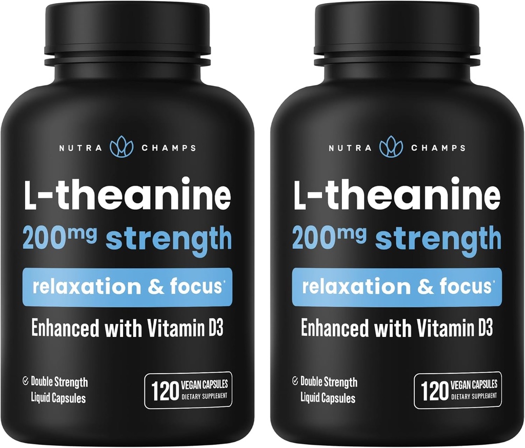 NutraChamps L-Theanine 200mg cápsulas, L-Theanina de doble resistencia líquido con vitamina D3, aceite de coco orgánico, 120 cápsulas veganos (Pack of 2)