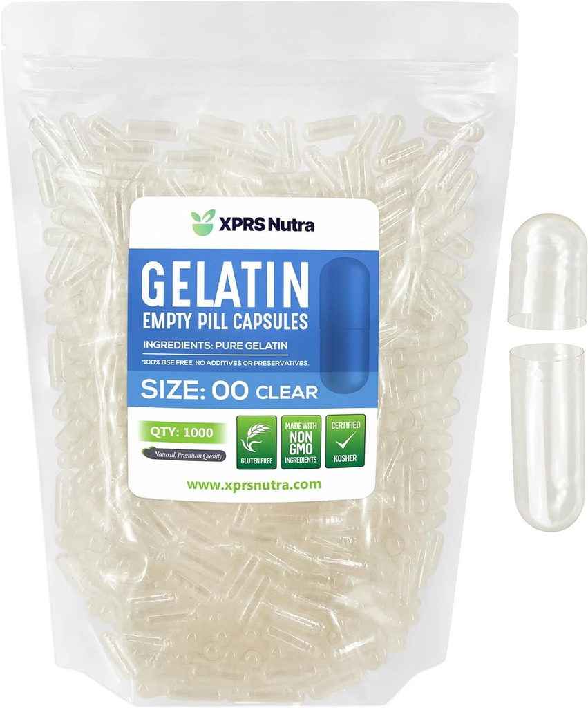 XPRS Nutra Size 00 Empty Capsules - 1000 Count Empty Gelatin Capsules - DIY Capsule Filling - Fillable Pill Gel Caps for Do-It-youself Supplements (Clear)