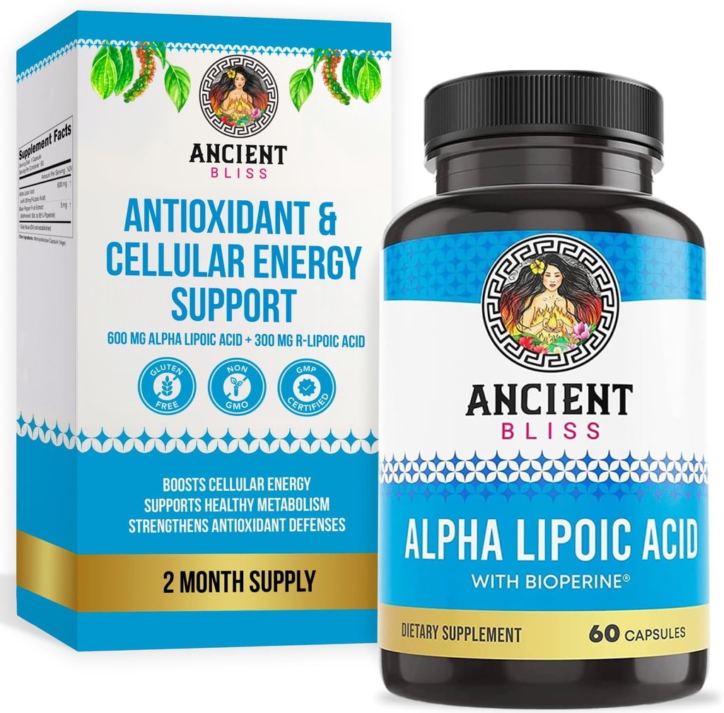 Bliss Alpha Lipoic Acid Supplement, Antioxidant and Energy Support, ALA Supplement with Bioperine, No Gluten and Soy, 600mg per Serving, 60 Vegan Capsules